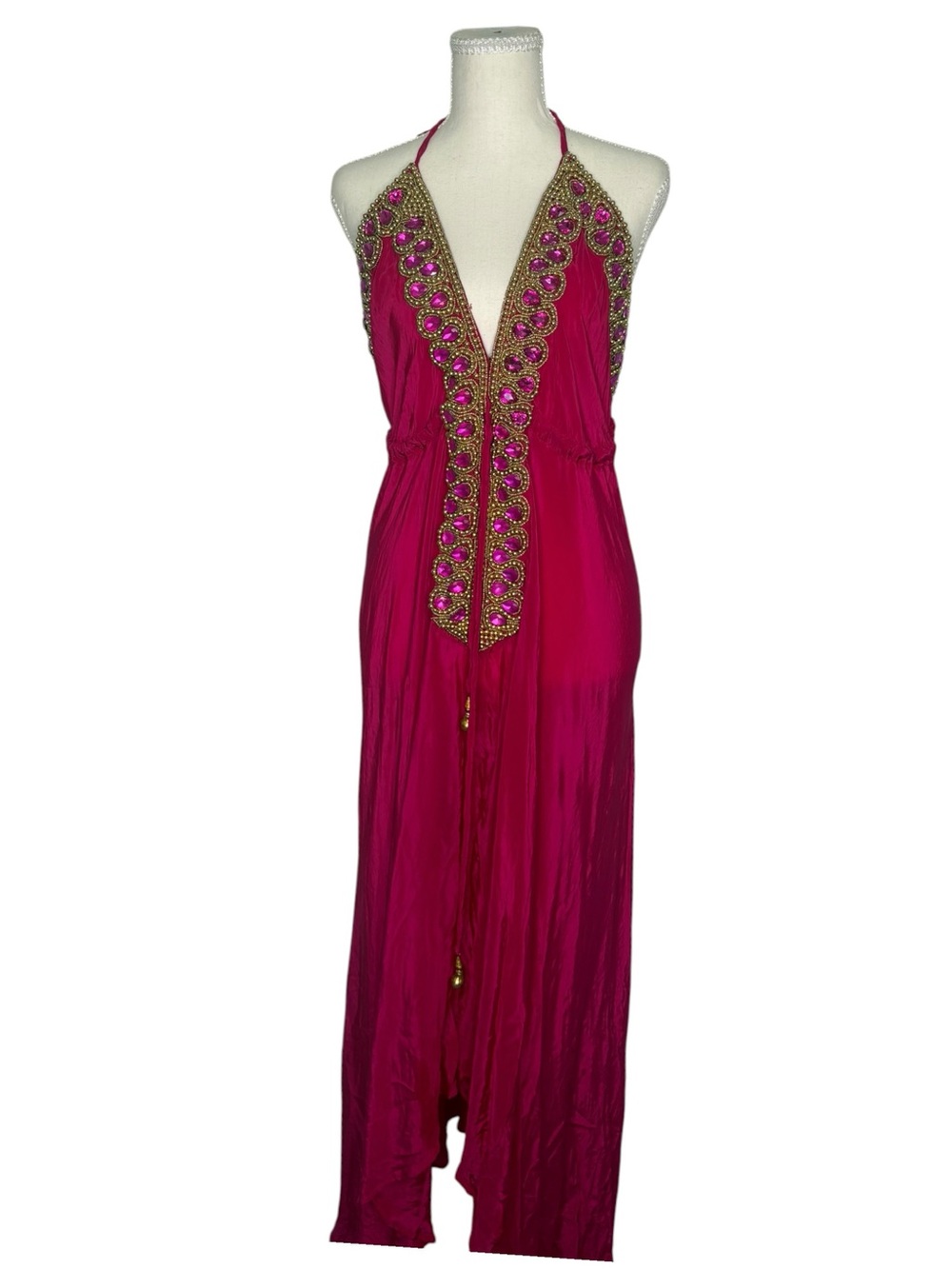 Manish Vaid Embellished Halter Maxi Dress in Fuchsia with Gold Trim